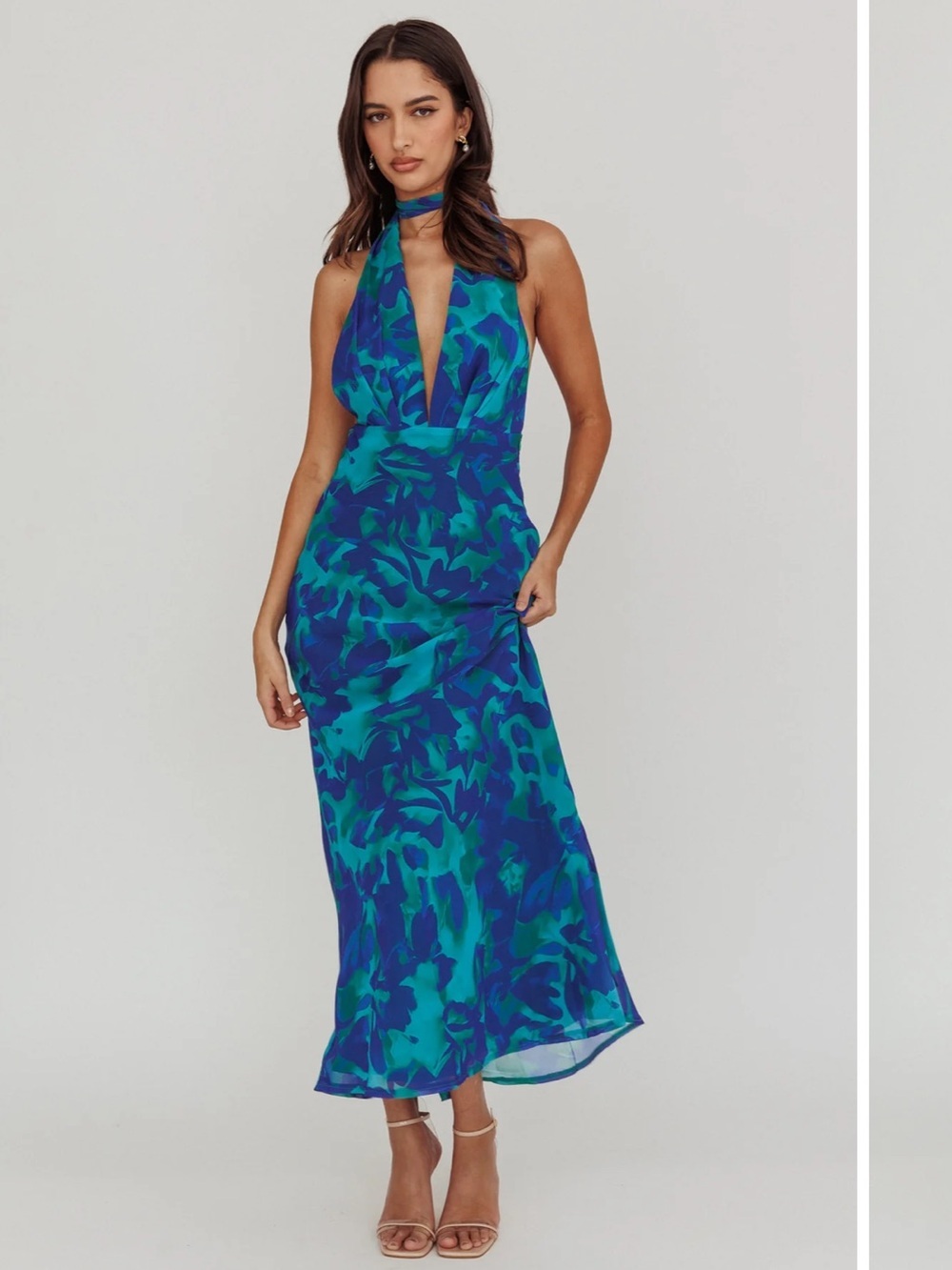 Plunging Halter Maxi Dress in Teal & Blue